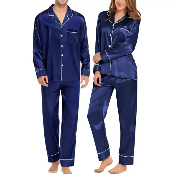 SWOMOG Couples Matching Pajamas Sets Silk Satin Long Sleeve Button Down Sleepwear 2 Pieces Classic LoungewearMen Navy Blue