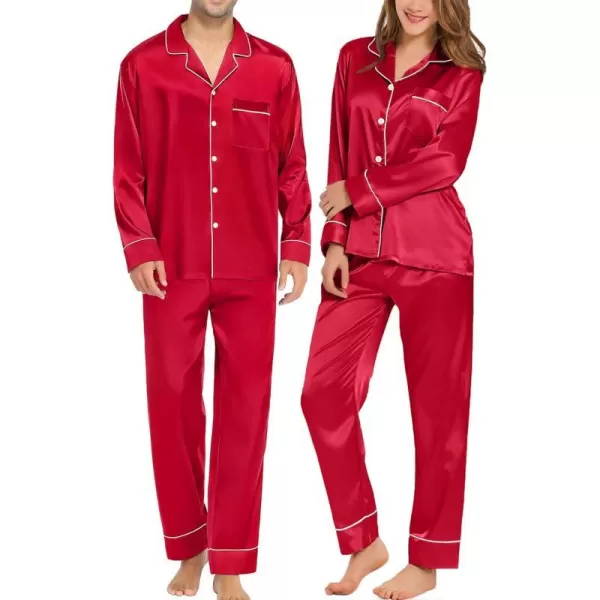 SWOMOG Couples Matching Pajamas Sets Silk Satin Long Sleeve Button Down Sleepwear 2 Pieces Classic LoungewearMen Red