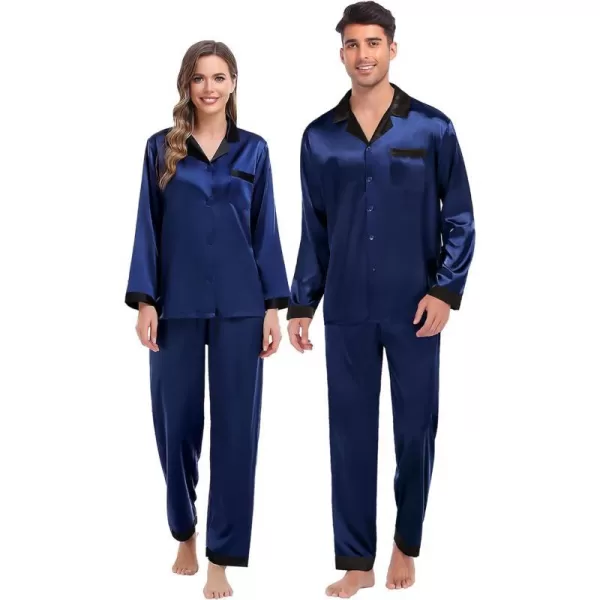 SWOMOG Couples Matching Pajamas Sets Silk Satin Long Sleeve Sleepwear ButtonDown Soft Loungewear Loose Pjs SetMen Deep Navy Blue