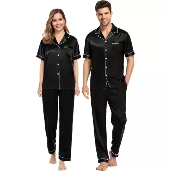 SWOMOG Couples Matching Pajamas Sets Silk Satin Short Sleeve Sleepwear Button Down Loungewear Pjs Set with Long PantsMen Black