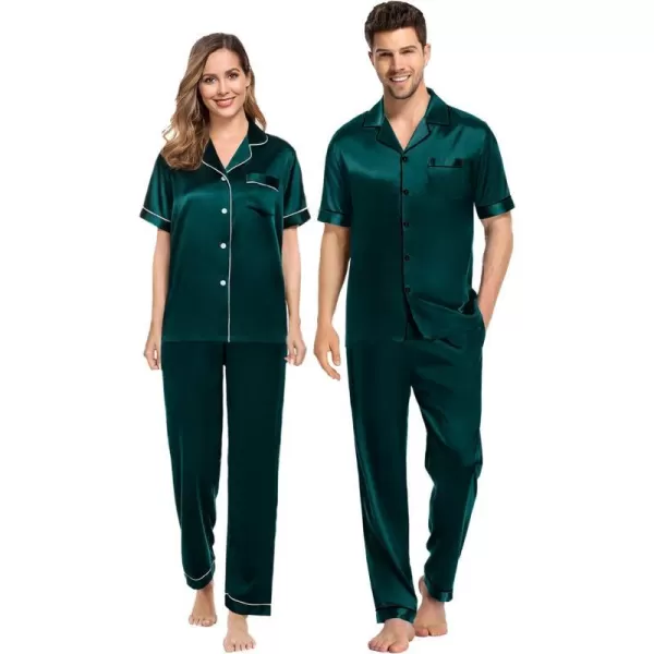 SWOMOG Couples Matching Pajamas Sets Silk Satin Short Sleeve Sleepwear Button Down Loungewear Pjs Set with Long PantsMen Deep Green