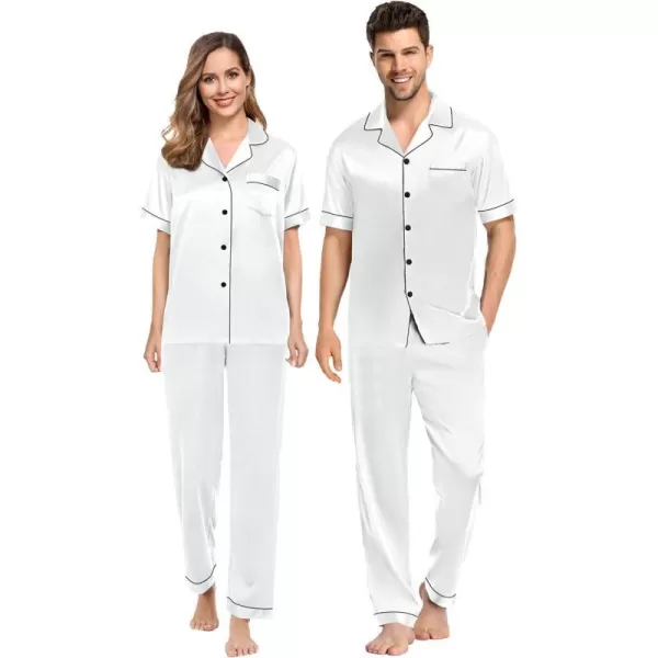 SWOMOG Couples Matching Pajamas Sets Silk Satin Short Sleeve Sleepwear Button Down Loungewear Pjs Set with Long PantsMen White