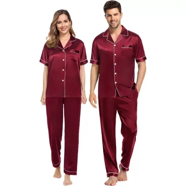 SWOMOG Couples Matching Pajamas Sets Silk Satin Short Sleeve Sleepwear Button Down Loungewear Pjs Set with Long PantsMen Wine Red