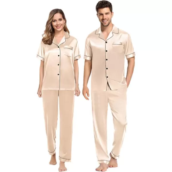 SWOMOG Couples Matching Pajamas Sets Silk Satin Short Sleeve Sleepwear Button Down Loungewear Pjs Set with Long PantsWomen Champagne