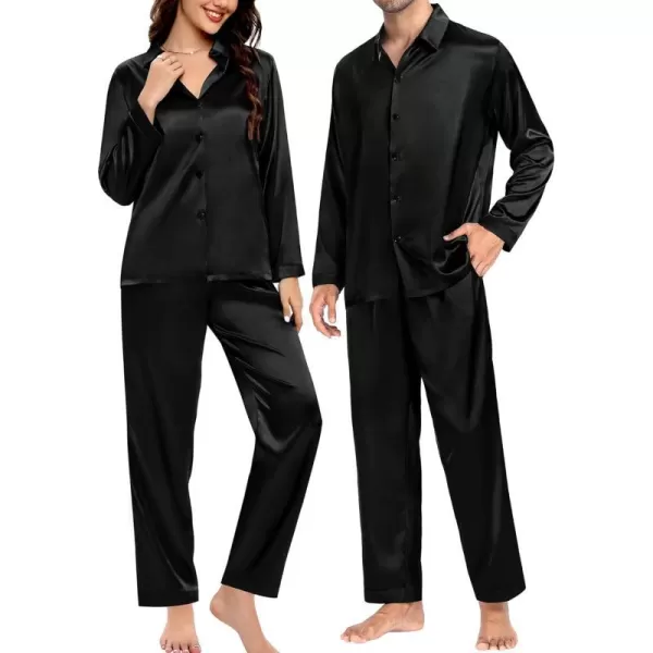 SWOMOG Couples Matching Pajamas Silk Satin Long Sleeve Button Down Sleepwear 2 Pieces Loungewear Soft PJs Set with PocketsBlackmen