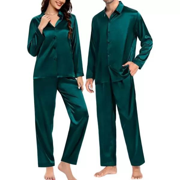 SWOMOG Couples Matching Pajamas Silk Satin Long Sleeve Button Down Sleepwear 2 Pieces Loungewear Soft PJs Set with PocketsDeep Greenwomen