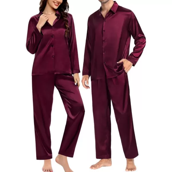 SWOMOG Couples Matching Pajamas Silk Satin Long Sleeve Button Down Sleepwear 2 Pieces Loungewear Soft PJs Set with PocketsDeep Wine Redmen