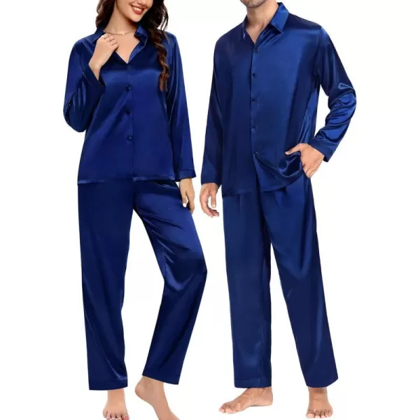 SWOMOG Couples Matching Pajamas Silk Satin Long Sleeve Button Down Sleepwear 2 Pieces Loungewear Soft PJs Set with PocketsNavy Bluemen