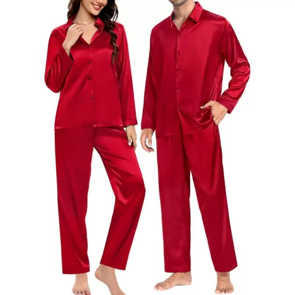 SWOMOG Couples Matching Pajamas Silk Satin Long Sleeve Button Down Sleepwear 2 Pieces Loungewear Soft PJs Set with PocketsRedmen