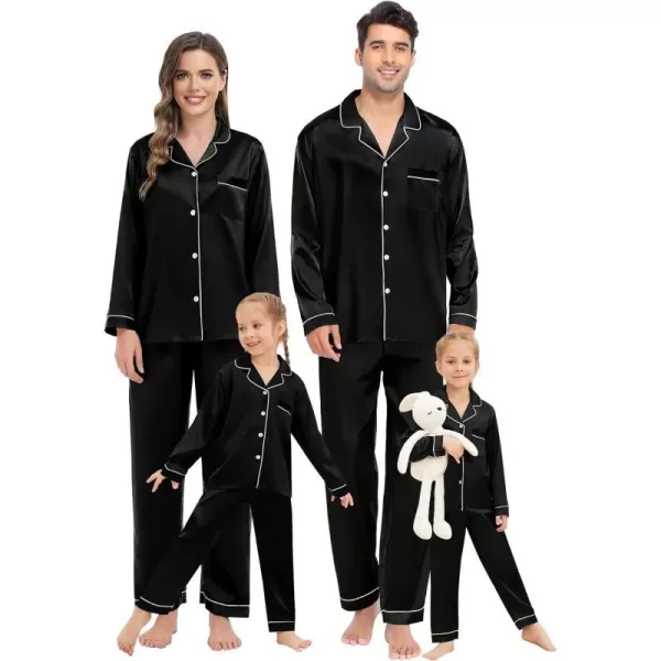 SWOMOG Family Matching Pajamas Set Silk Satin Button Down Sleepwear Long Sleeve Nightwear 2 Pcs Pj SetKids A Black