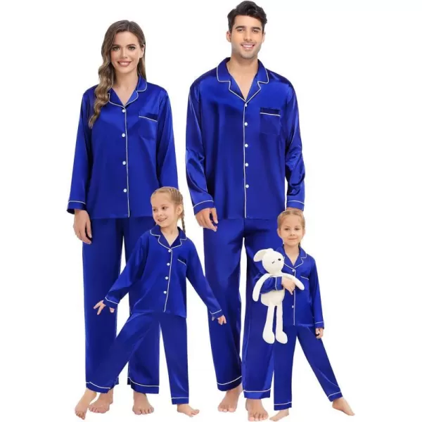 SWOMOG Family Matching Pajamas Set Silk Satin Button Down Sleepwear Long Sleeve Nightwear 2 Pcs Pj SetKids A Blue