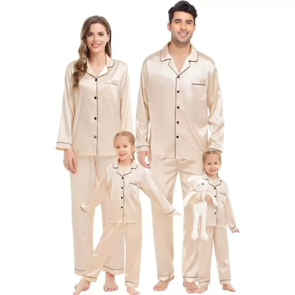 SWOMOG Family Matching Pajamas Set Silk Satin Button Down Sleepwear Long Sleeve Nightwear 2 Pcs Pj SetKids A Champagne