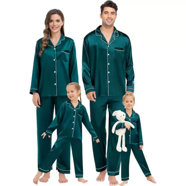 SWOMOG Family Matching Pajamas Set Silk Satin Button Down Sleepwear Long Sleeve Nightwear 2 Pcs Pj SetKids A Green