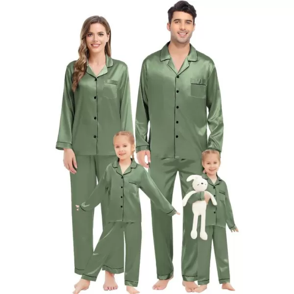 SWOMOG Family Matching Pajamas Set Silk Satin Button Down Sleepwear Long Sleeve Nightwear 2 Pcs Pj SetKids A Matcha