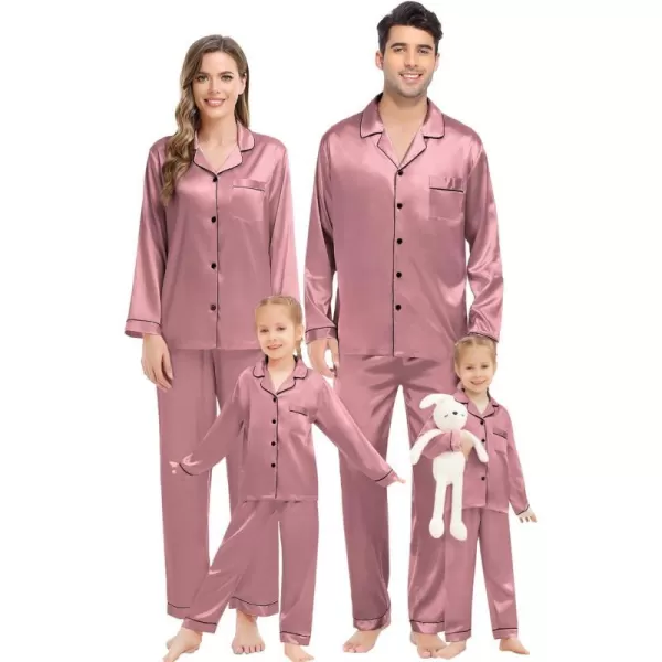 SWOMOG Family Matching Pajamas Set Silk Satin Button Down Sleepwear Long Sleeve Nightwear 2 Pcs Pj SetKids A Misty Rose