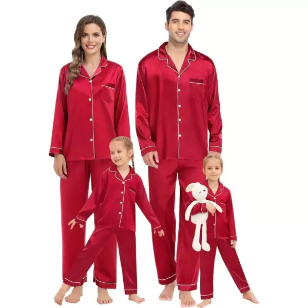 SWOMOG Family Matching Pajamas Set Silk Satin Button Down Sleepwear Long Sleeve Nightwear 2 Pcs Pj SetKids A Red