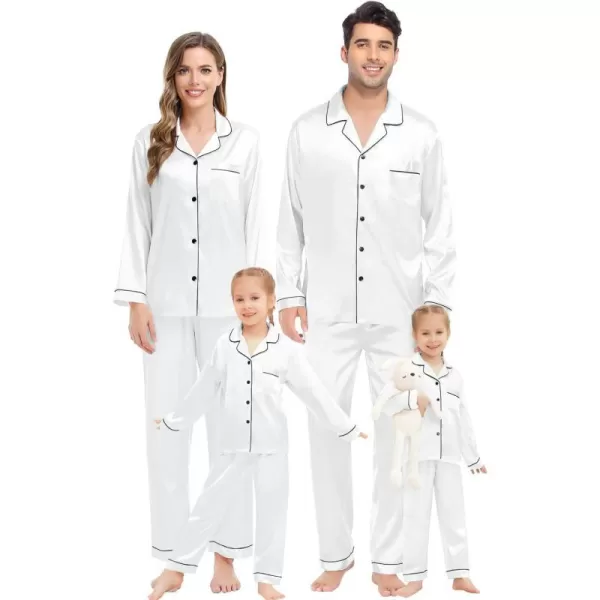 SWOMOG Family Matching Pajamas Set Silk Satin Button Down Sleepwear Long Sleeve Nightwear 2 Pcs Pj SetKids A White