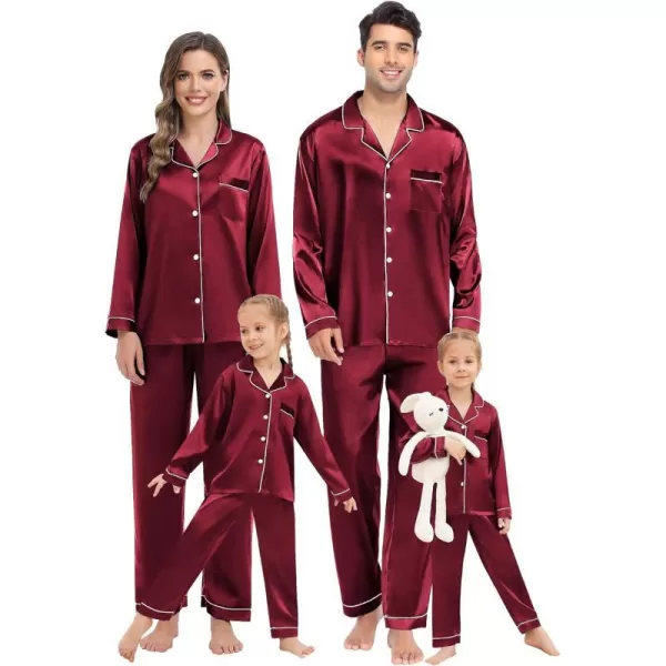 SWOMOG Family Matching Pajamas Set Silk Satin Button Down Sleepwear Long Sleeve Nightwear 2 Pcs Pj SetKids A Wine Red