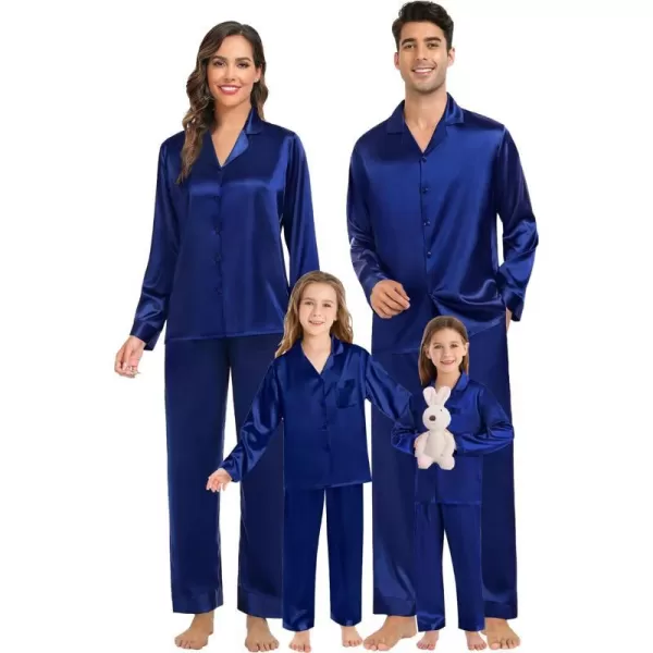 SWOMOG Family Matching Pajamas Silk Satin Long Sleeve Sleepwear Soft Button Down Loungewear 2 Pcs Pj SetKids Navy Blue