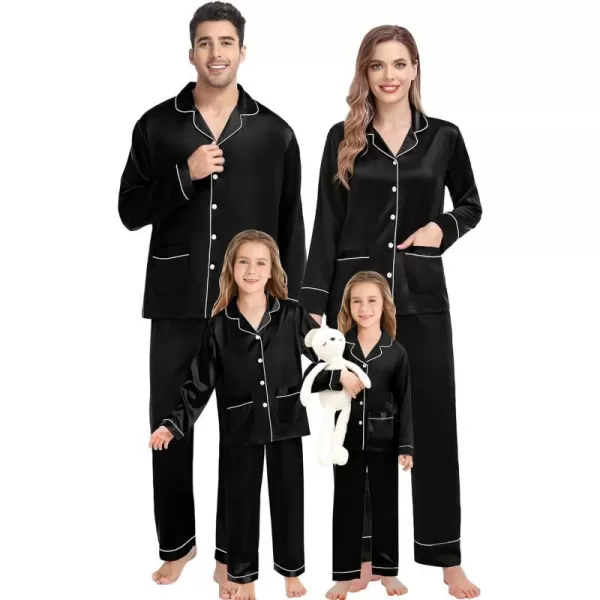 SWOMOG Family Matching Satin Pajamas Sets Silk Pjs Set with 2 Pockets Long Sleeve Button Down Sleepwear LoungewearKids Black