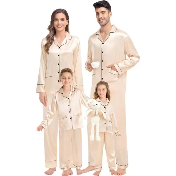 SWOMOG Family Matching Satin Pajamas Sets Silk Pjs Set with 2 Pockets Long Sleeve Button Down Sleepwear LoungewearKids Champagne