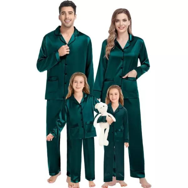 SWOMOG Family Matching Satin Pajamas Sets Silk Pjs Set with 2 Pockets Long Sleeve Button Down Sleepwear LoungewearKids Deep Green