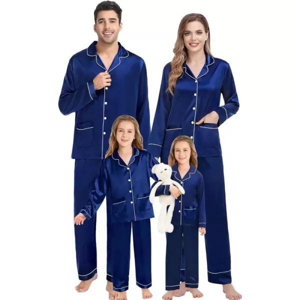 SWOMOG Family Matching Satin Pajamas Sets Silk Pjs Set with 2 Pockets Long Sleeve Button Down Sleepwear LoungewearKids Navy Blue