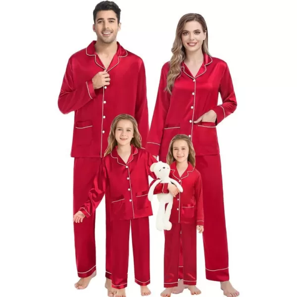 SWOMOG Family Matching Satin Pajamas Sets Silk Pjs Set with 2 Pockets Long Sleeve Button Down Sleepwear LoungewearMen Red