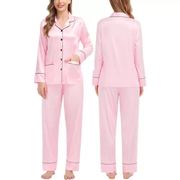 SWOMOG Family Matching Satin Pajamas Sets Silk Pjs Set with 2 Pockets Long Sleeve Button Down Sleepwear LoungewearWomen Pink