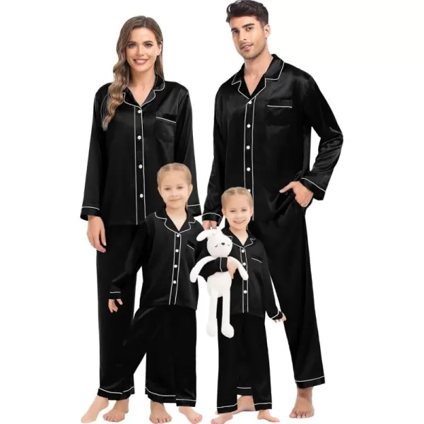 SWOMOG Family Matching Silk Satin Pajamas Button Down Sleepwear Long Sleeve Silky Nightwear 2 Pcs Pj SetKids Black