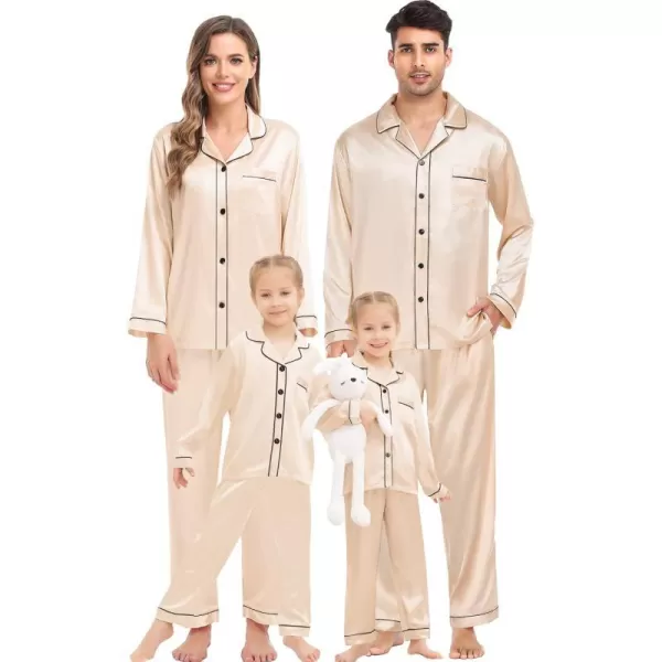 SWOMOG Family Matching Silk Satin Pajamas Button Down Sleepwear Long Sleeve Silky Nightwear 2 Pcs Pj SetKids Champagne