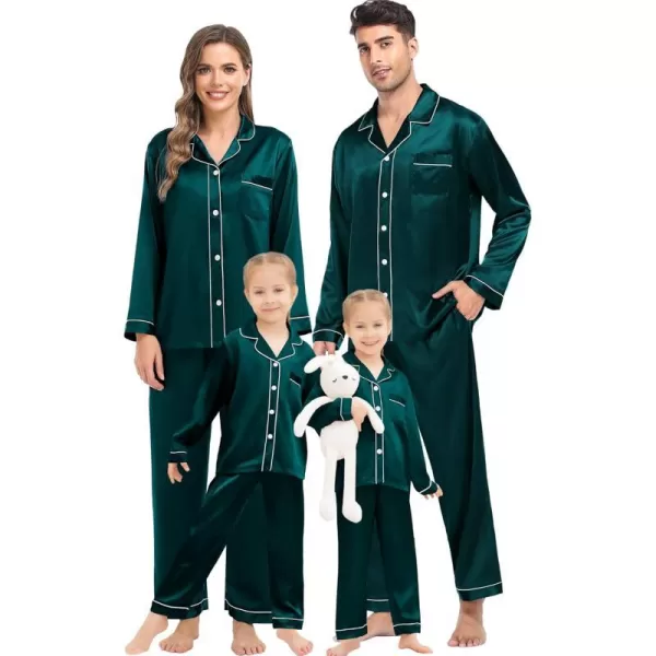 SWOMOG Family Matching Silk Satin Pajamas Button Down Sleepwear Long Sleeve Silky Nightwear 2 Pcs Pj SetKids Deep Green