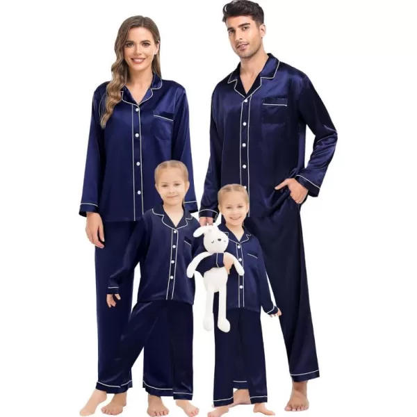 SWOMOG Family Matching Silk Satin Pajamas Button Down Sleepwear Long Sleeve Silky Nightwear 2 Pcs Pj SetKids Deep Navy Blue