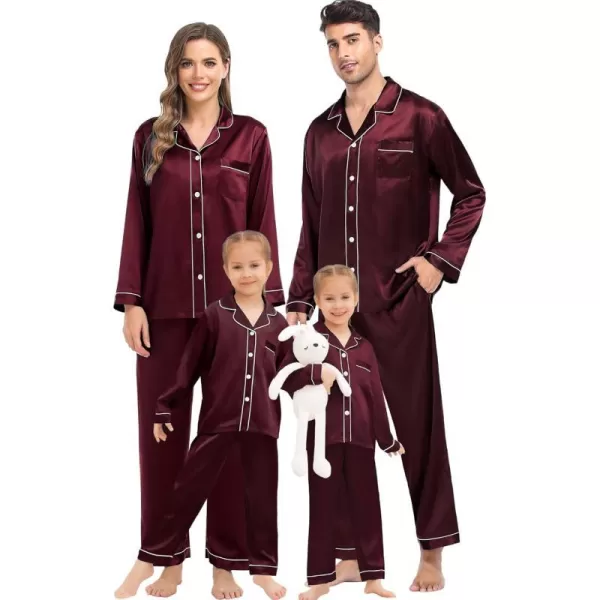 SWOMOG Family Matching Silk Satin Pajamas Button Down Sleepwear Long Sleeve Silky Nightwear 2 Pcs Pj SetKids Deep Wine Red