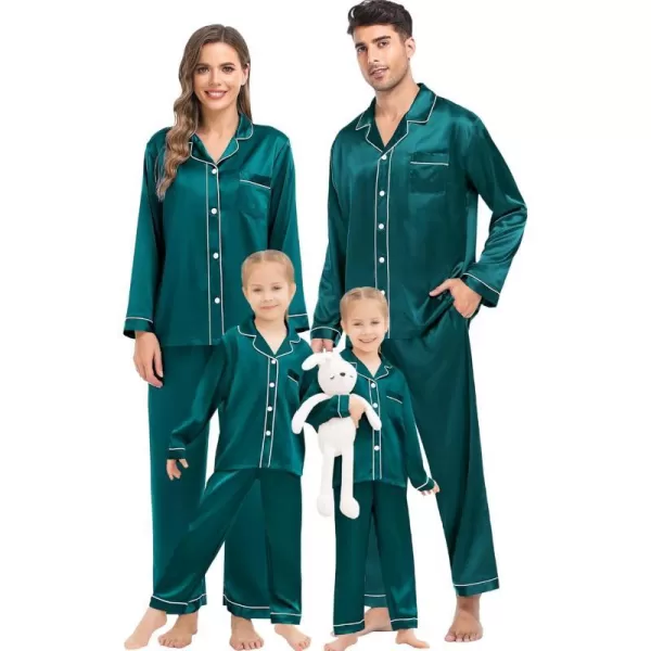 SWOMOG Family Matching Silk Satin Pajamas Button Down Sleepwear Long Sleeve Silky Nightwear 2 Pcs Pj SetKids Green