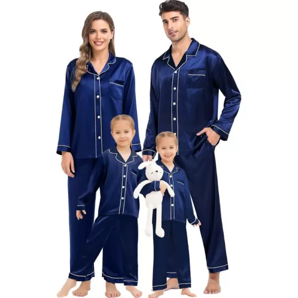 SWOMOG Family Matching Silk Satin Pajamas Button Down Sleepwear Long Sleeve Silky Nightwear 2 Pcs Pj SetKids Navy Blue