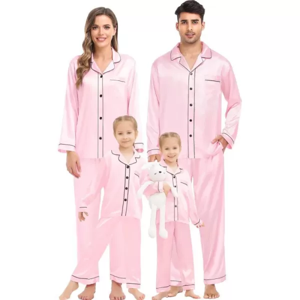 SWOMOG Family Matching Silk Satin Pajamas Button Down Sleepwear Long Sleeve Silky Nightwear 2 Pcs Pj SetKids Pink