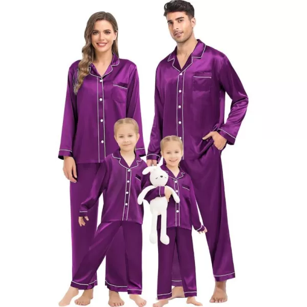 SWOMOG Family Matching Silk Satin Pajamas Button Down Sleepwear Long Sleeve Silky Nightwear 2 Pcs Pj SetKids Purple