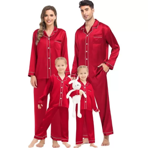 SWOMOG Family Matching Silk Satin Pajamas Button Down Sleepwear Long Sleeve Silky Nightwear 2 Pcs Pj SetKids Red