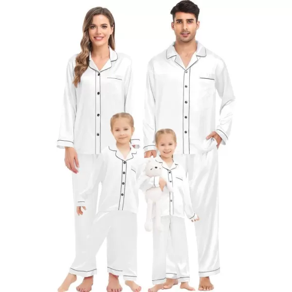 SWOMOG Family Matching Silk Satin Pajamas Button Down Sleepwear Long Sleeve Silky Nightwear 2 Pcs Pj SetKids White