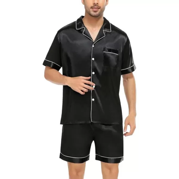 SWOMOG Family Satin Matching Pajamas Sets Button Down Silk Pjs Short Sleeve Soft Lounge Sets 2 Pcs LoungewearMen Black