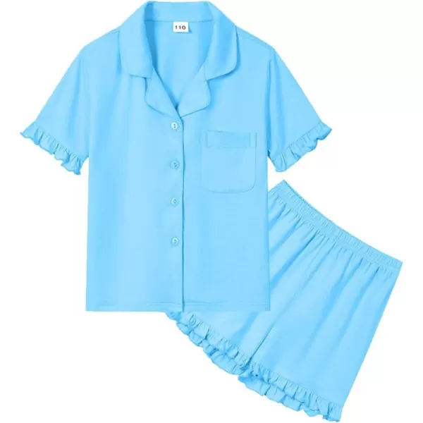 SWOMOG Girls Boys Modal Short Sleeve Pajama Set with Ruffle Hem Unisex Kids Soft Sleepwear 2 Piece Lounge SetsLight Blue