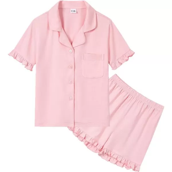 SWOMOG Girls Boys Modal Short Sleeve Pajama Set with Ruffle Hem Unisex Kids Soft Sleepwear 2 Piece Lounge SetsPink