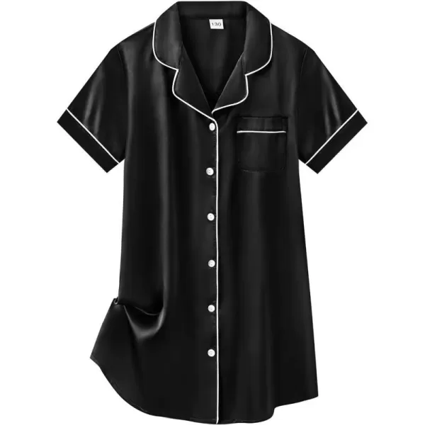 SWOMOG Girls Silk Satin Nightgowns Cute Sleep Dress ButtonDown PJS Tops Short Sleeve SleepshirtBlack