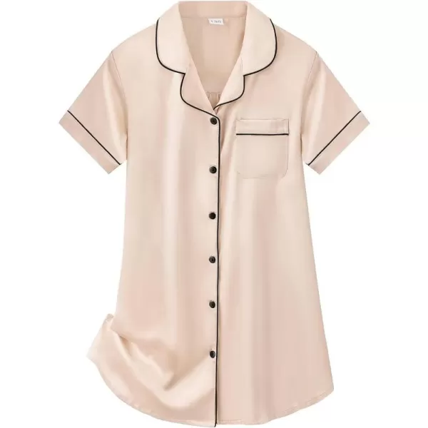 SWOMOG Girls Silk Satin Nightgowns Cute Sleep Dress ButtonDown PJS Tops Short Sleeve SleepshirtChampagne