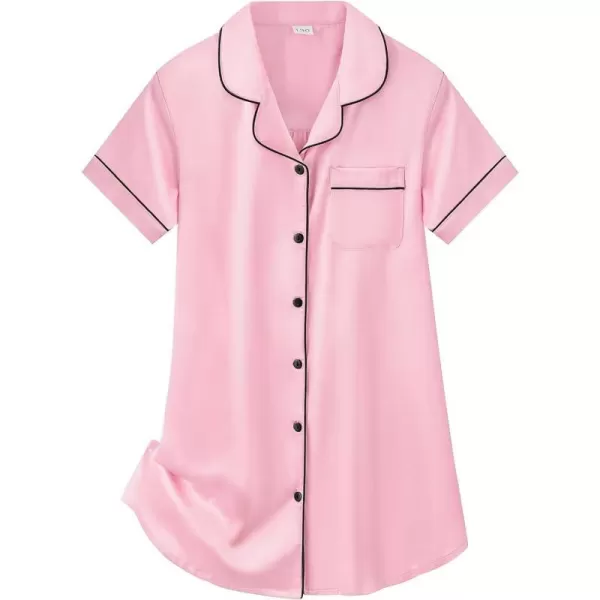 SWOMOG Girls Silk Satin Nightgowns Cute Sleep Dress ButtonDown PJS Tops Short Sleeve SleepshirtPink