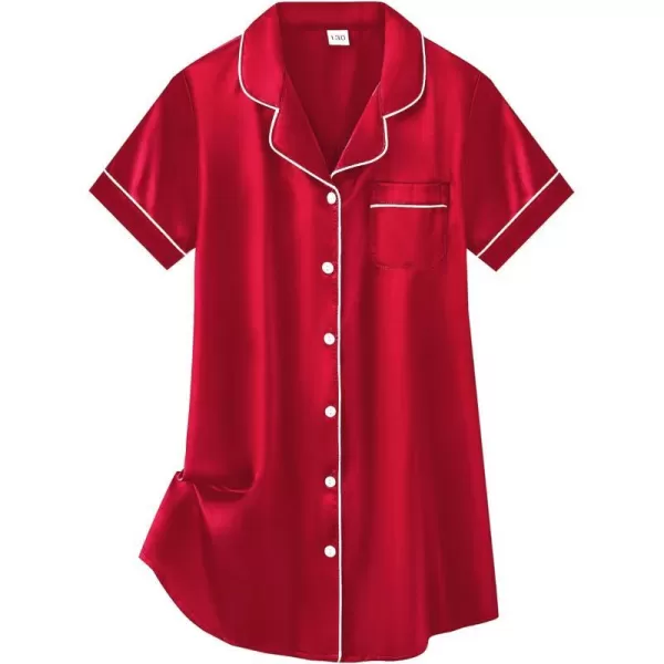 SWOMOG Girls Silk Satin Nightgowns Cute Sleep Dress ButtonDown PJS Tops Short Sleeve SleepshirtRed 1