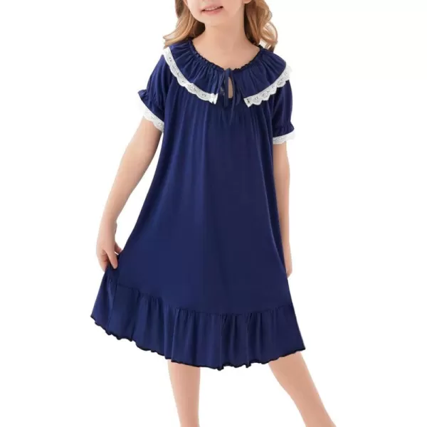 SWOMOG Girls Soft Princess Sleep Shirt Short Sleeve Nightgown Toddler Kids Cute Ruffle Sleepwear Nightie 413 YearsNavy Blue