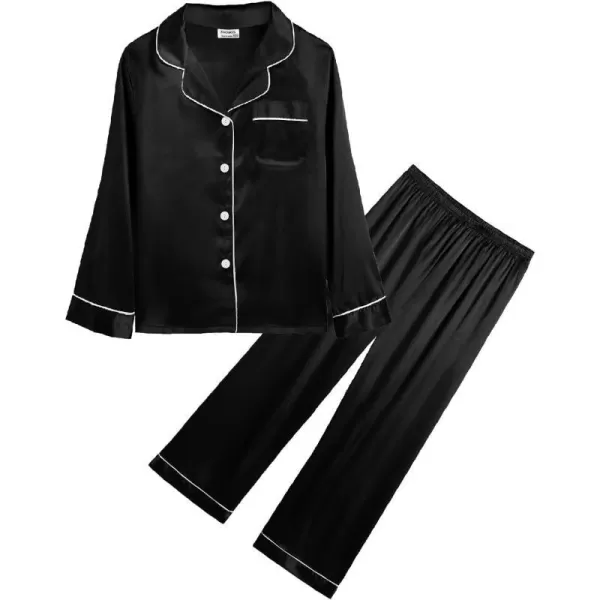 SWOMOG Kid Girls Boys Silk Satin Pajamas Set ButtonDown PJs Sets TwoPiece Lounge Sets Long Sleeve White SleepwearBlack