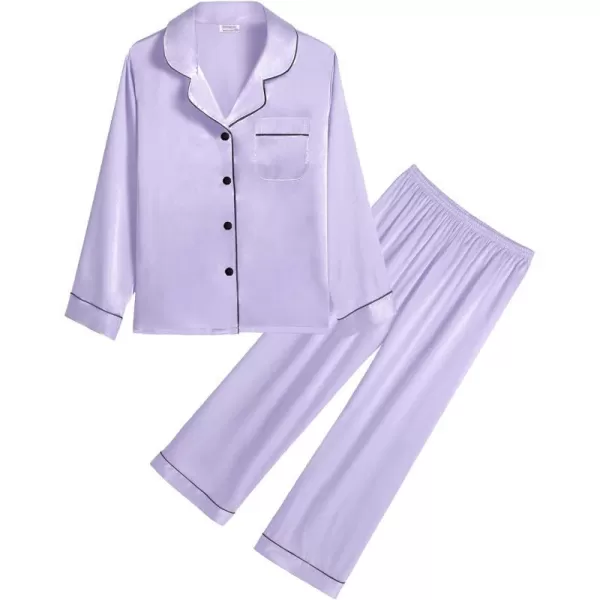 SWOMOG Kid Girls Boys Silk Satin Pajamas Set ButtonDown PJs Sets TwoPiece Lounge Sets Long Sleeve White SleepwearLavender